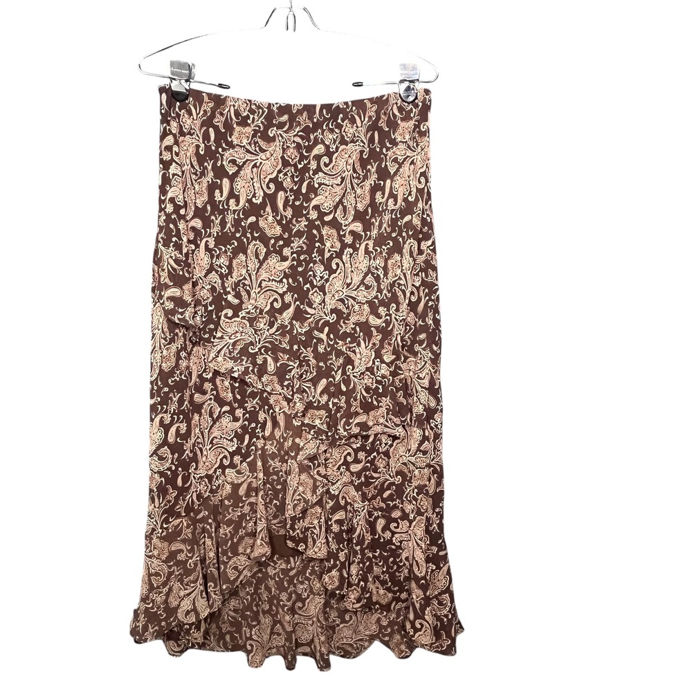 Vtg Chaps Women Brown Paisley Ruffle Hi Lo Midi Skirt M Western Romantic Cottage